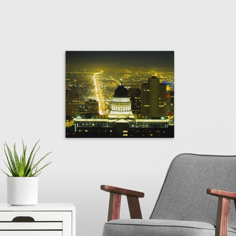 A modern room featuring High angle view of buildings lit up at night in a city, State Capitol Building, Salt Lake City, Utah