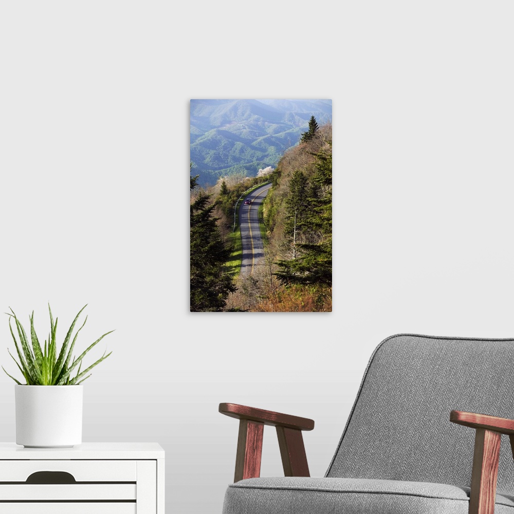 A modern room featuring Tall photo on canvas of a car driving down a road on a mountainside with other mountains in the d...