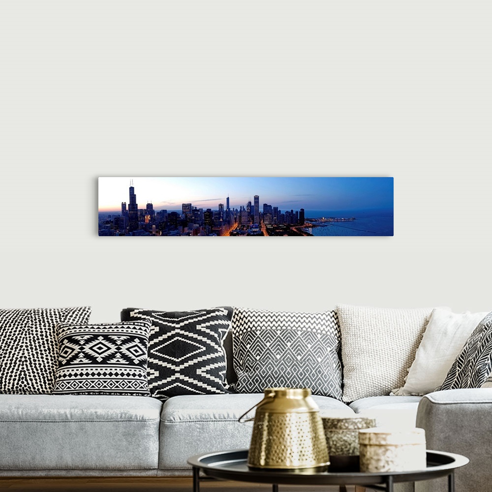 A bohemian room featuring High angle view of a city at dusk, Chicago, Cook County, Illinois, USA
