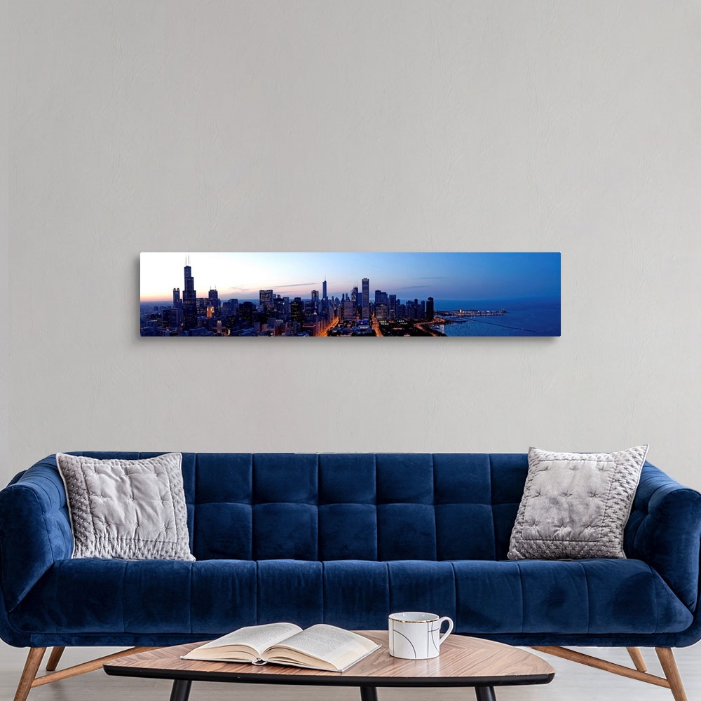 A modern room featuring High angle view of a city at dusk, Chicago, Cook County, Illinois, USA