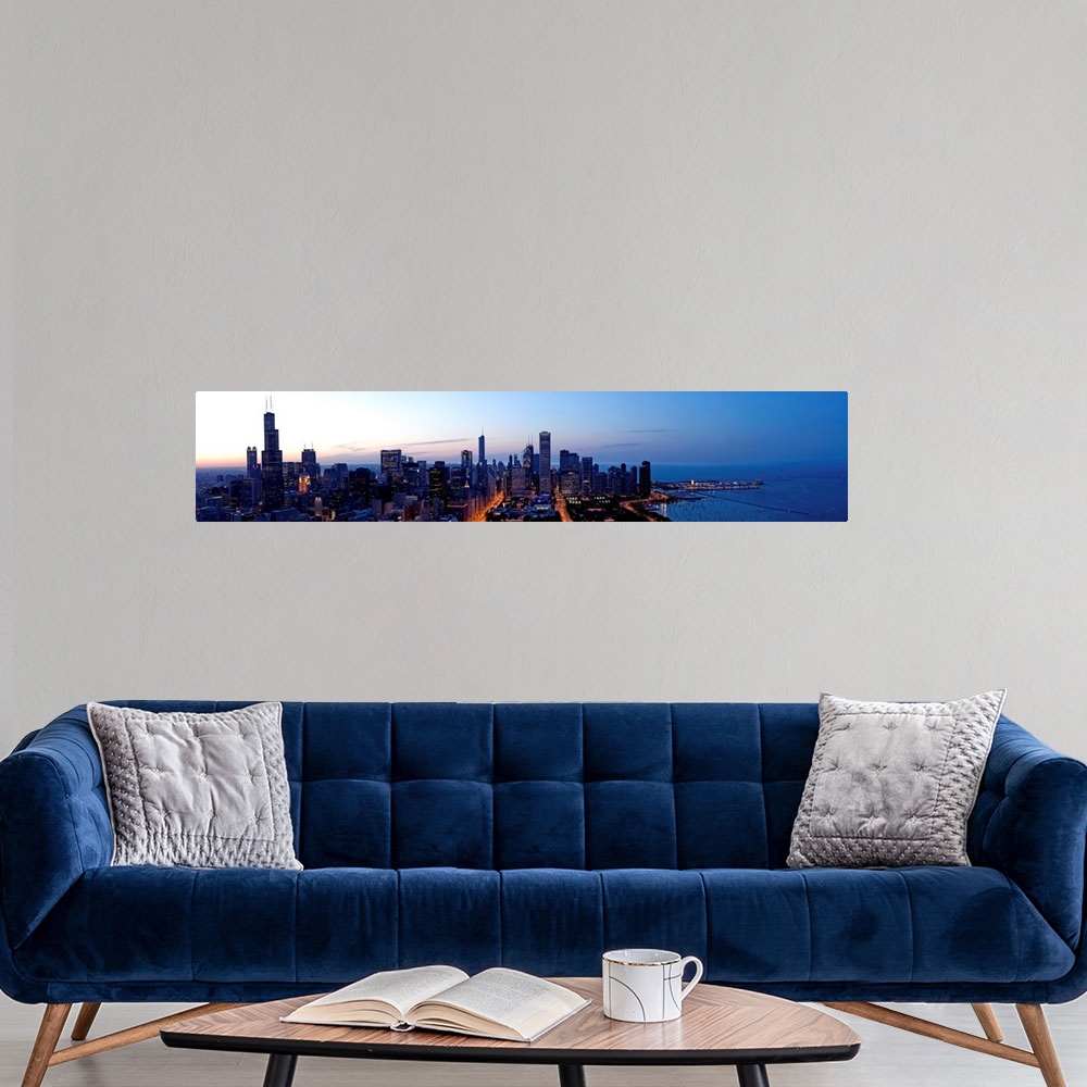 A modern room featuring High angle view of a city at dusk, Chicago, Cook County, Illinois, USA