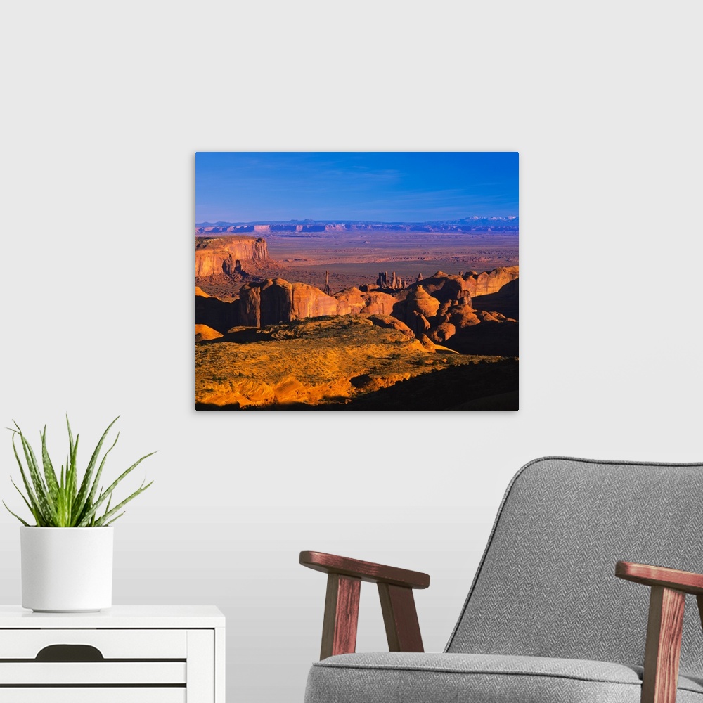 A modern room featuring High angle view of cliffs on a landscape, Hunts Mesa, Monument Valley Tribal Park, Arizona