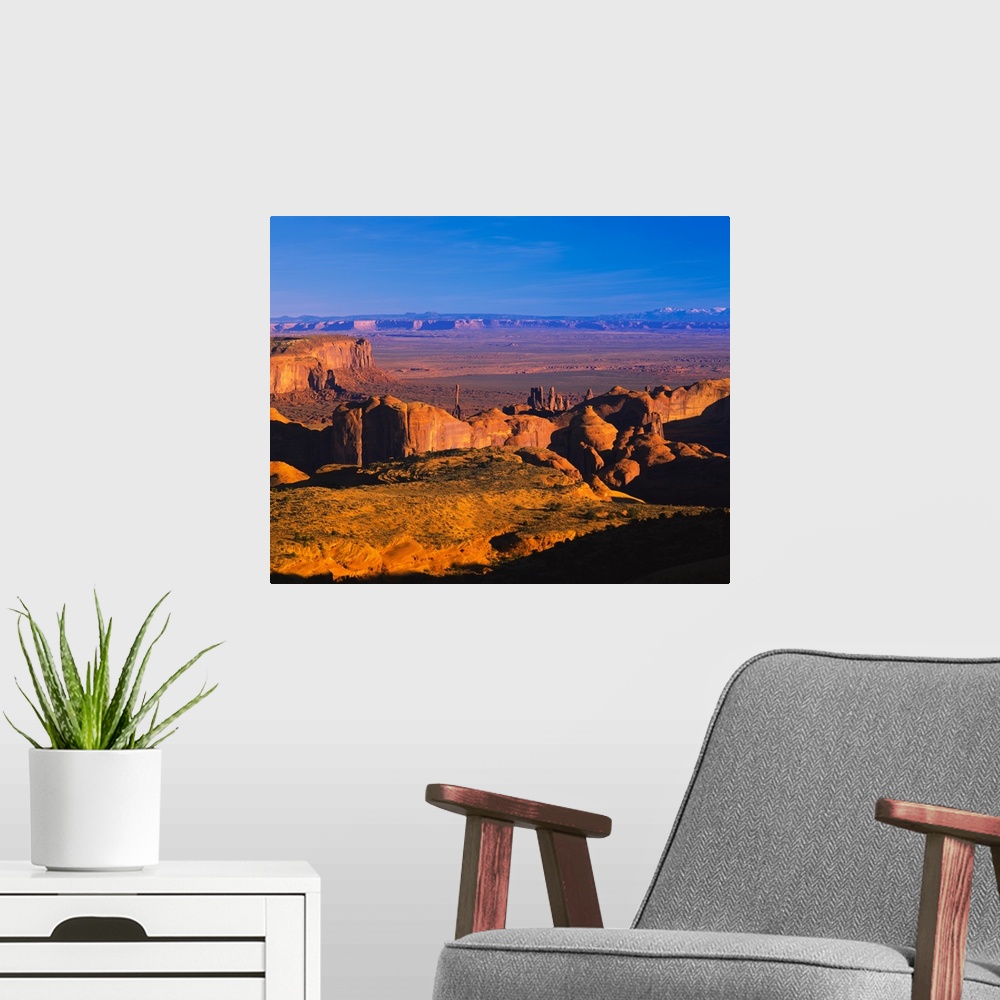 A modern room featuring High angle view of cliffs on a landscape, Hunts Mesa, Monument Valley Tribal Park, Arizona