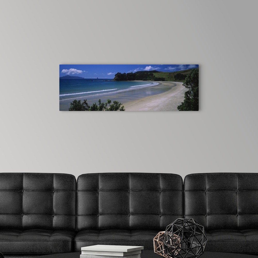 A modern room featuring This large panoramic photograph is taken from the New Zealand coast with a large hill in the dist...