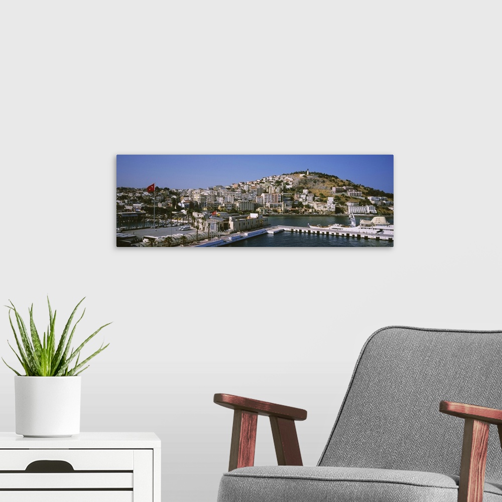 A modern room featuring High angle view of ferries in a port, Kusadasi, Turkey