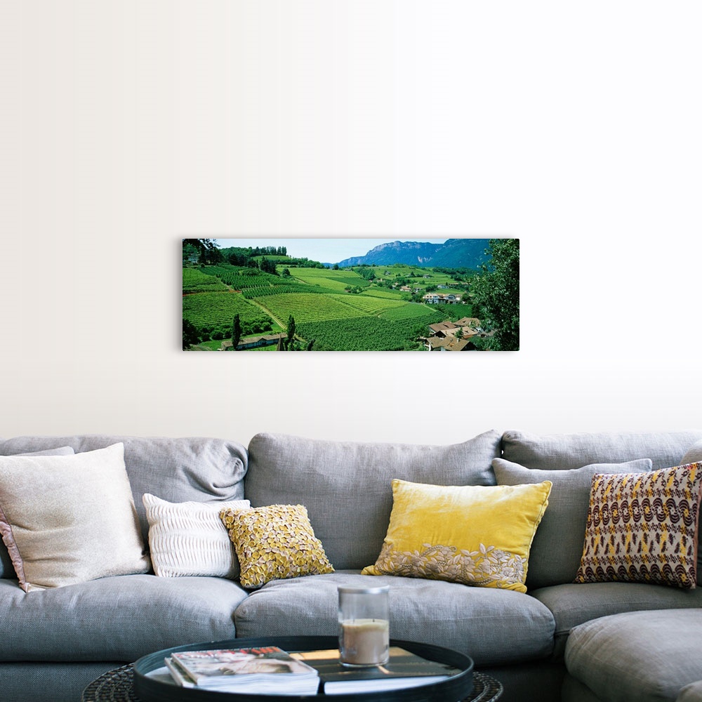 A farmhouse room featuring Panoramic photograph displays the rolling countryside of a European country scattered with houses...