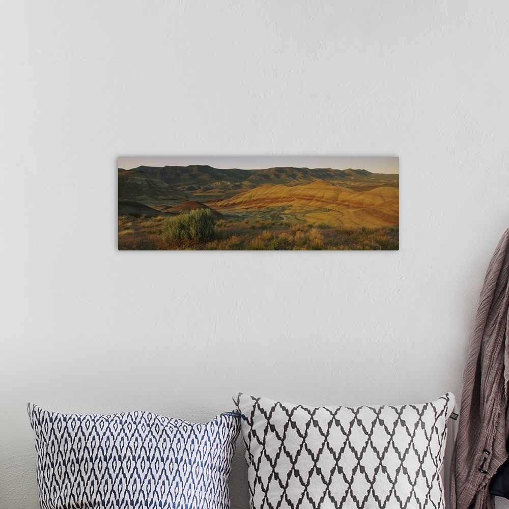 A bohemian room featuring Panoramic photograph of immense hills that are pictured during sun down.
