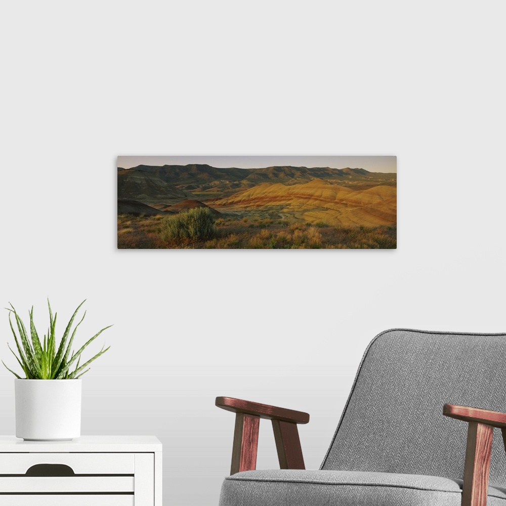 A modern room featuring Panoramic photograph of immense hills that are pictured during sun down.