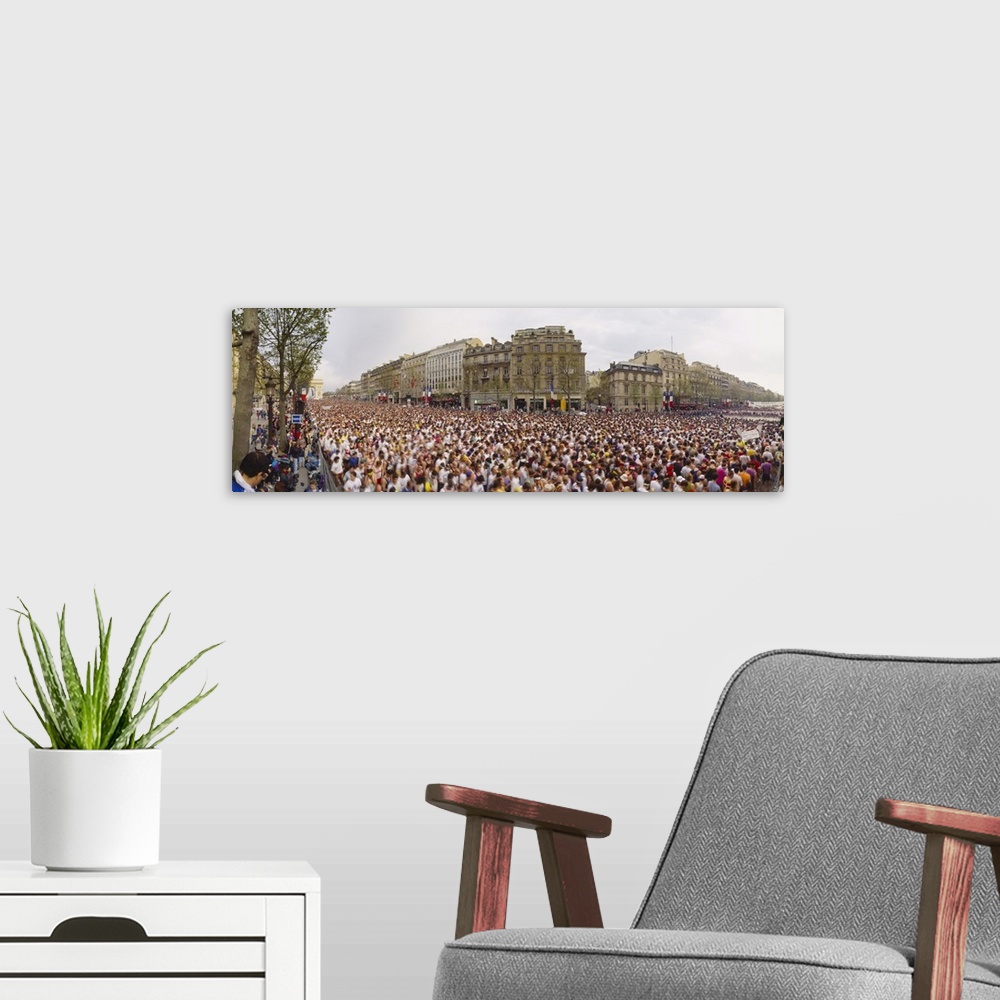 A modern room featuring High angle view of marathon runners, Paris, France