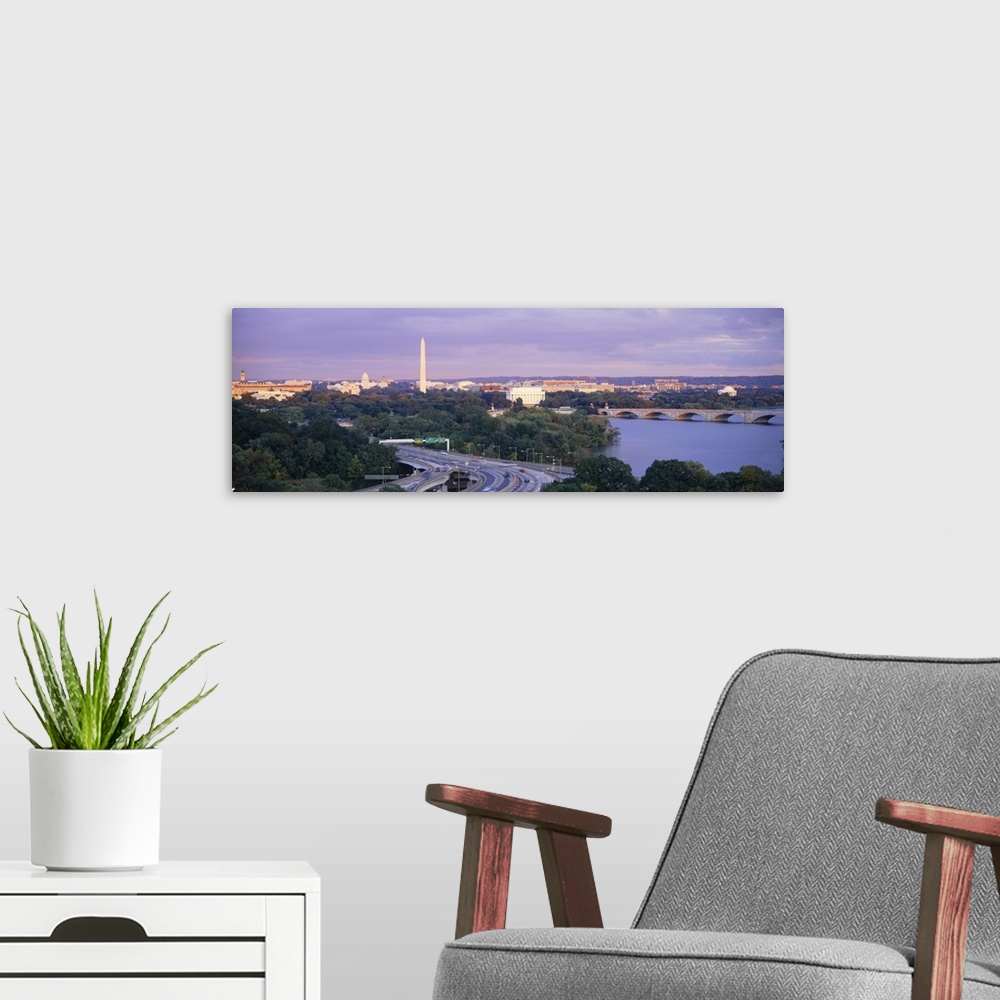 A modern room featuring High angle view of monuments, Potomac River, Lincoln Memorial, Washington Monument, Capitol Build...