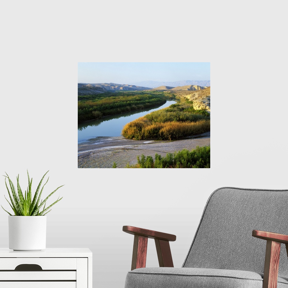 A modern room featuring This photograph was taken inside Big Bend national park showing the river that has large brush li...