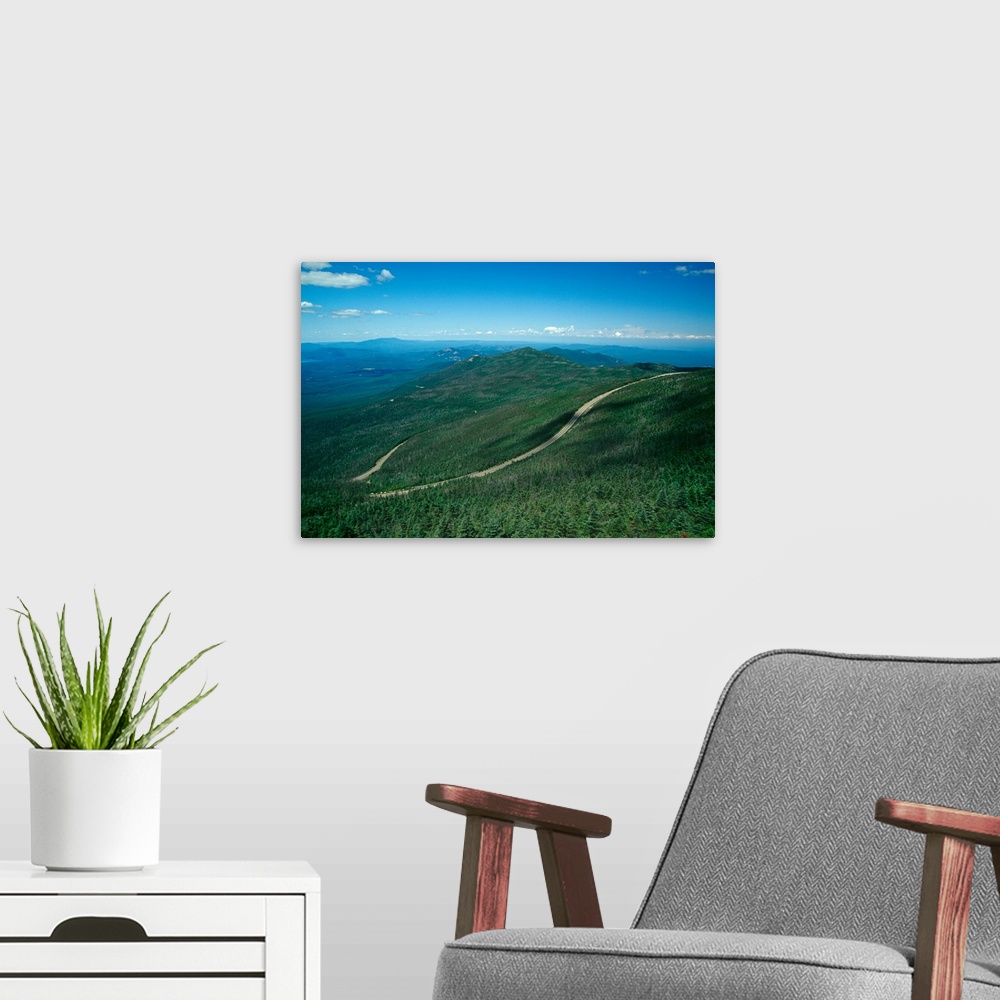 A modern room featuring High angle view of road winding through Adirondack Mountain Range, Whiteface Mountain, New York