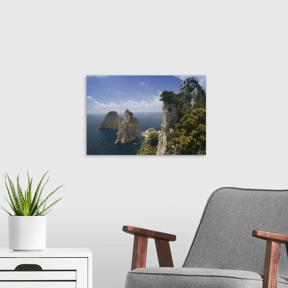 A modern room featuring Photograph of huge rock formations covered in trees in the ocean under a cloudy sky.