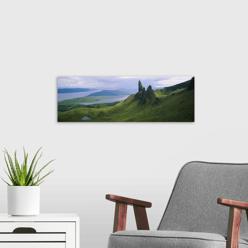 A modern room featuring High angle view of rock formations on a mountain, Old Man Of Storr, Isle Of Skye, Scotland