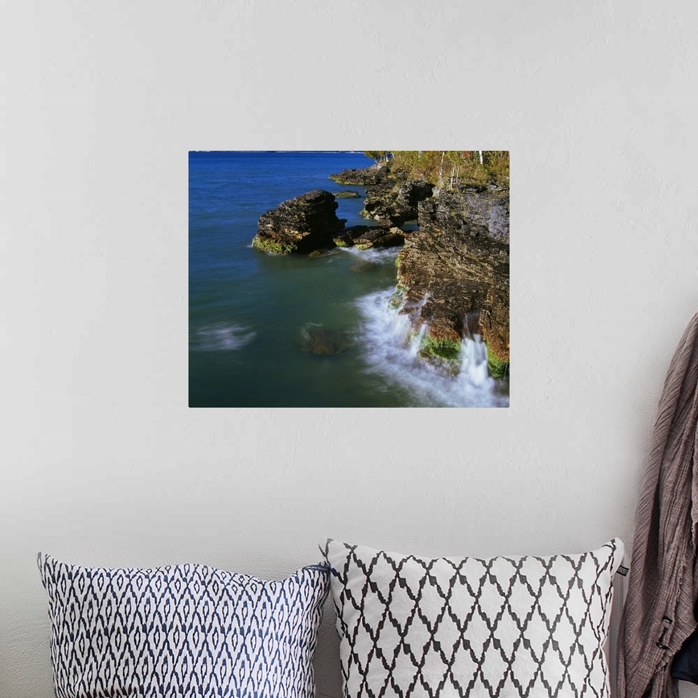 A bohemian room featuring High angle view of rocky shoreline cliffs, Lake Michigan, Whitefish Dunes State Park, Wisconsin