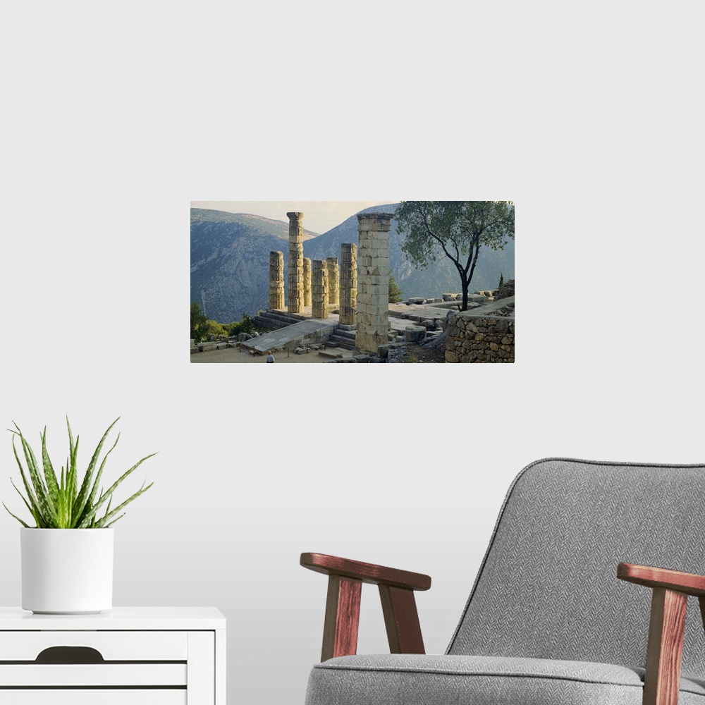 A modern room featuring High angle view of ruined columns, Temple Of Apollo, Delphi, Greece
