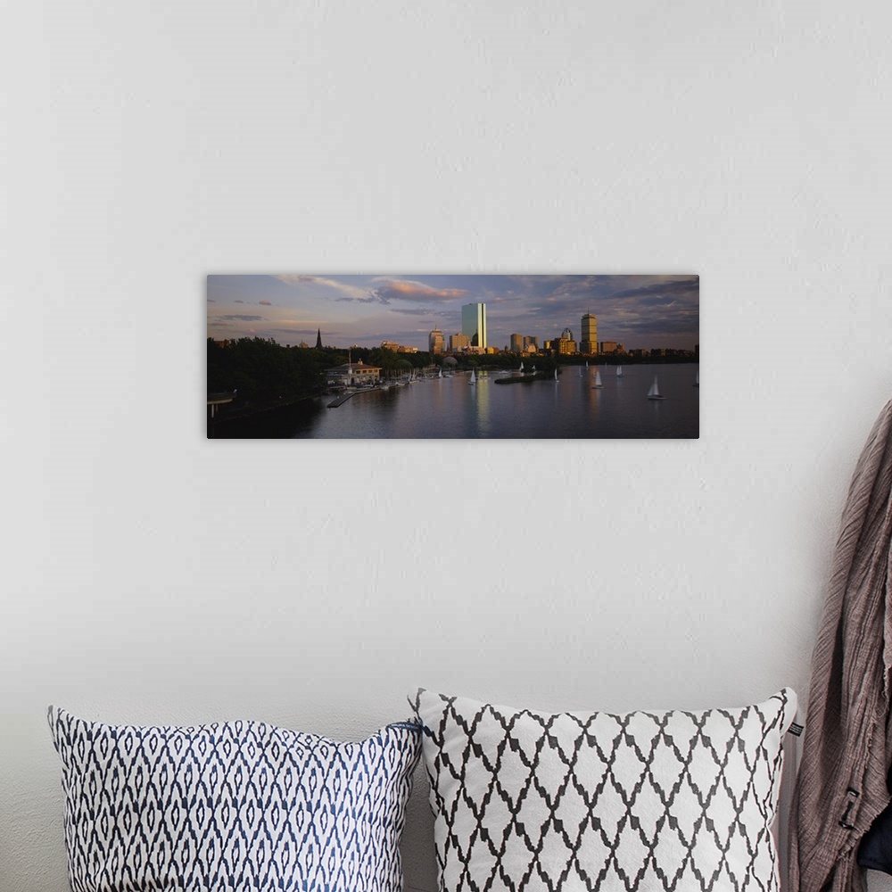A bohemian room featuring Panoramic, high angle photograph of many sailboats in the waters in front of Back Bay, the Boston...