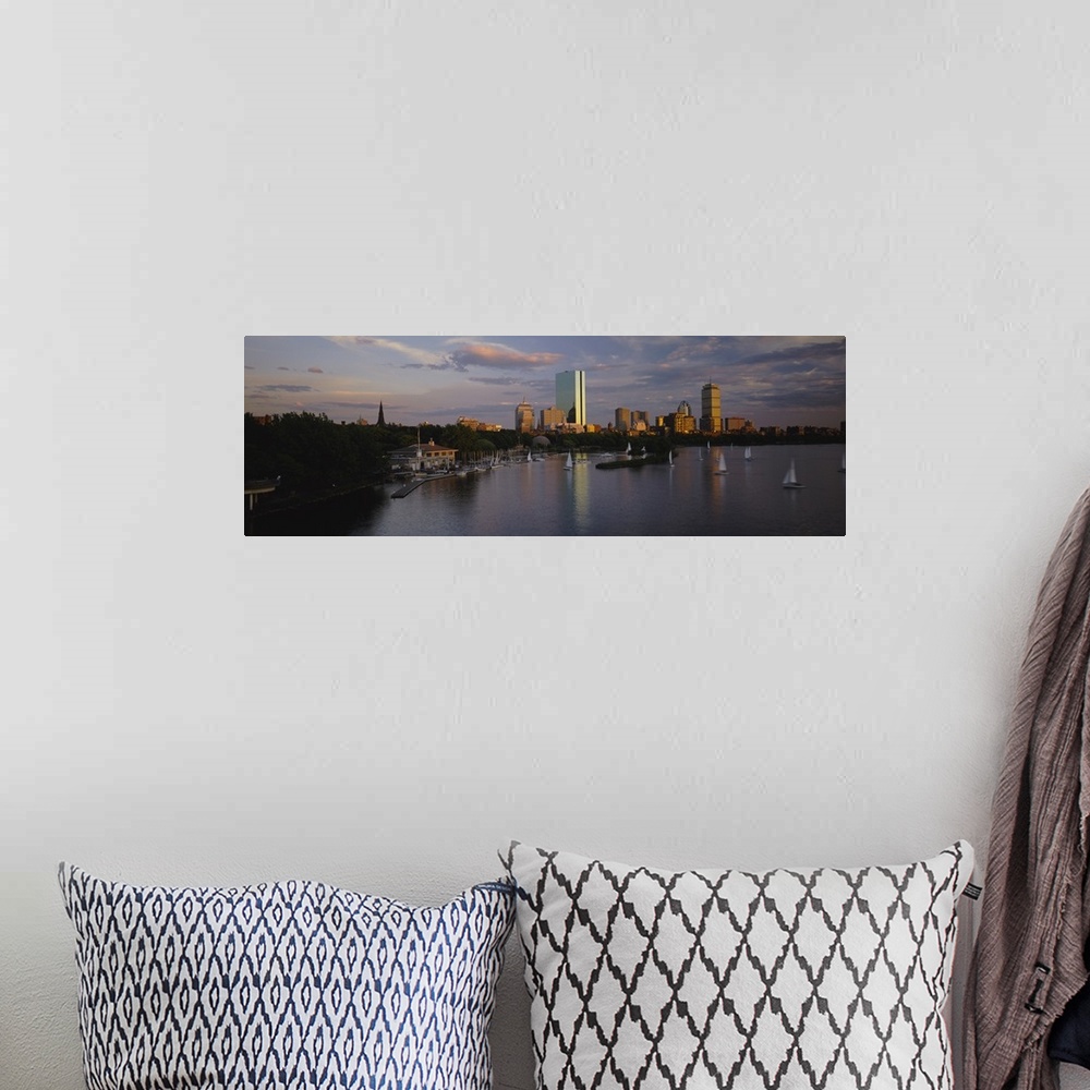 A bohemian room featuring Panoramic, high angle photograph of many sailboats in the waters in front of Back Bay, the Boston...
