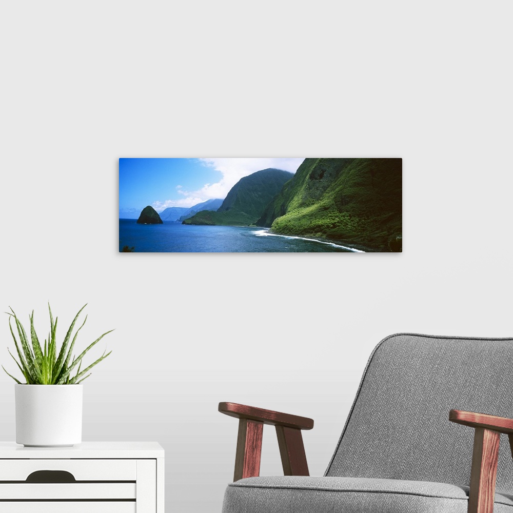 A modern room featuring Panoramic photo of large tropical mountains meeting the ocean with a small mountain off shore.