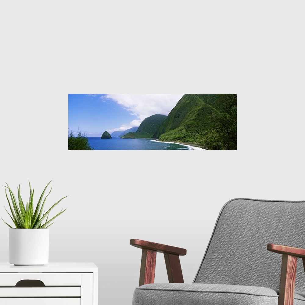 A modern room featuring High angle view of sea cliffs at Kalawao, Pacific Ocean, Kalaupapa Peninsula, Molokai, Hawaii