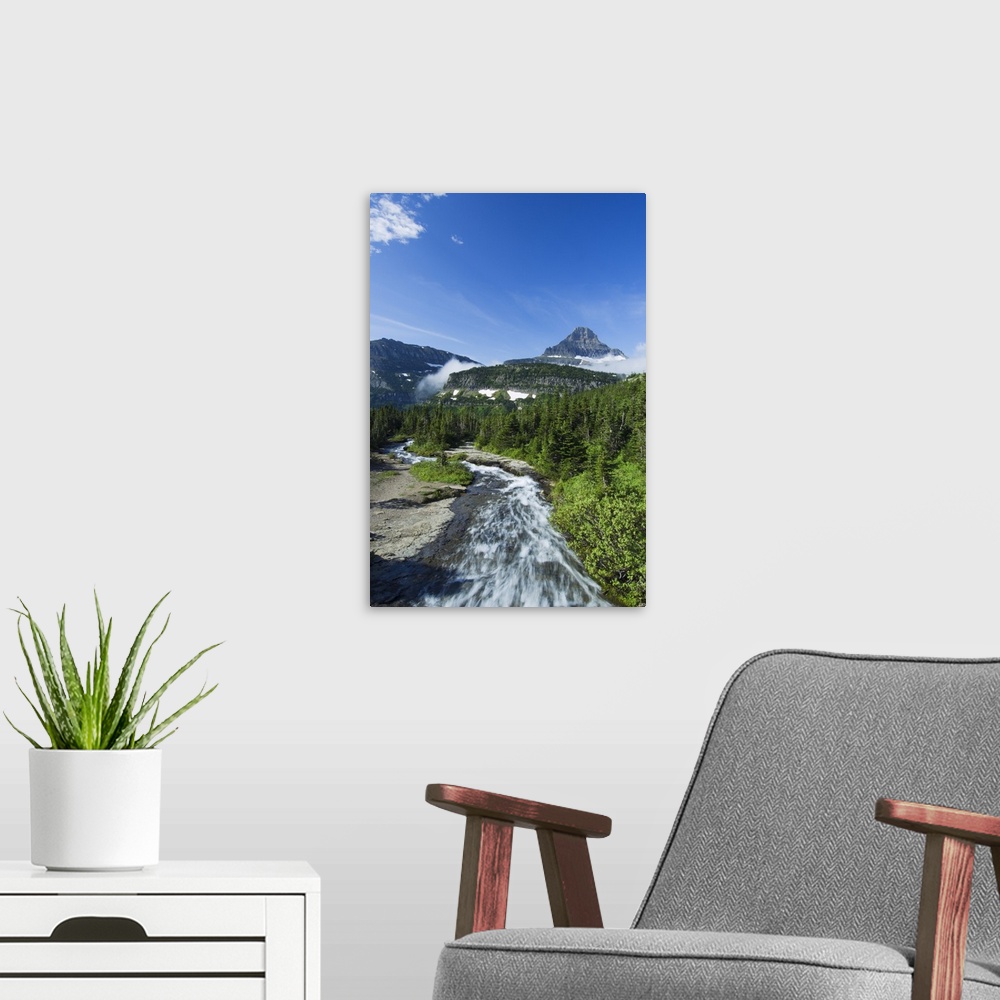 A modern room featuring High angle view of Siyeh Creek rushing through pine forest, distant Mount Reynolds against blue s...