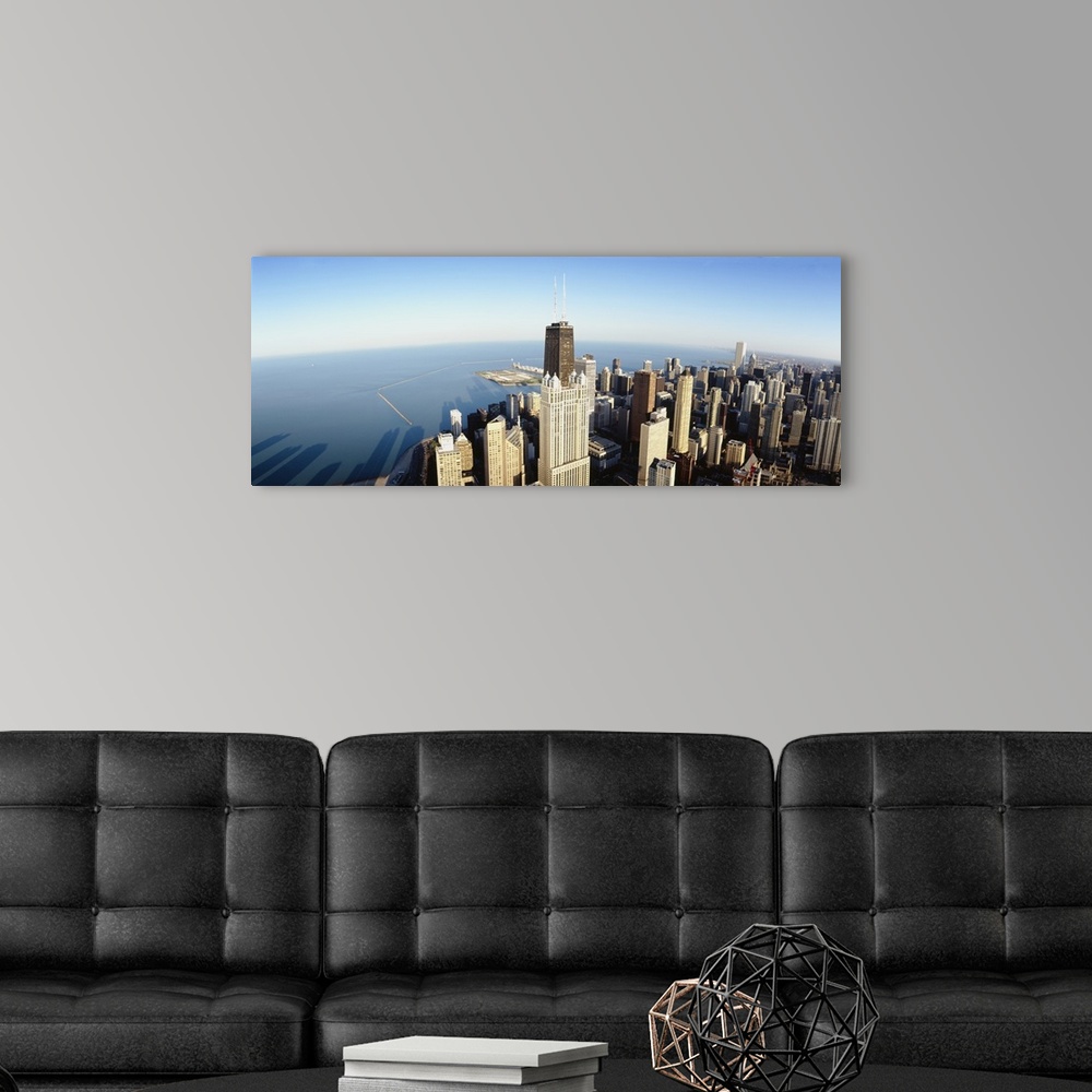 A modern room featuring High angle view of skyscrapers in a city, Chicago, Illinois