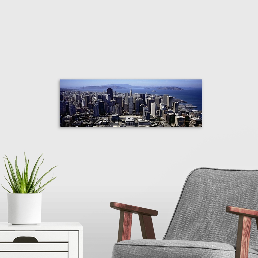 A modern room featuring High angle view of skyscrapers in a city, San Francisco, California