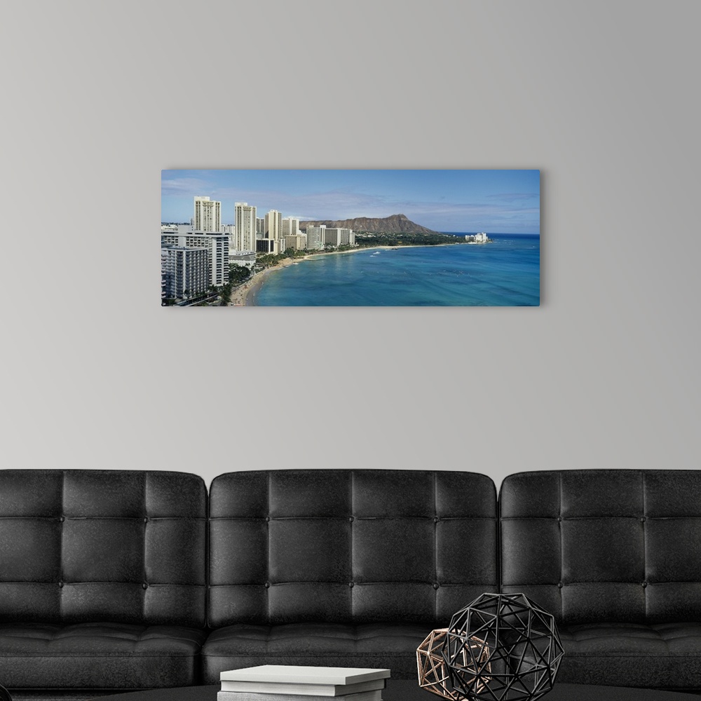 A modern room featuring High angle view of skyscrapers on the waterfront, Waikiki, Oahu, Hawaii