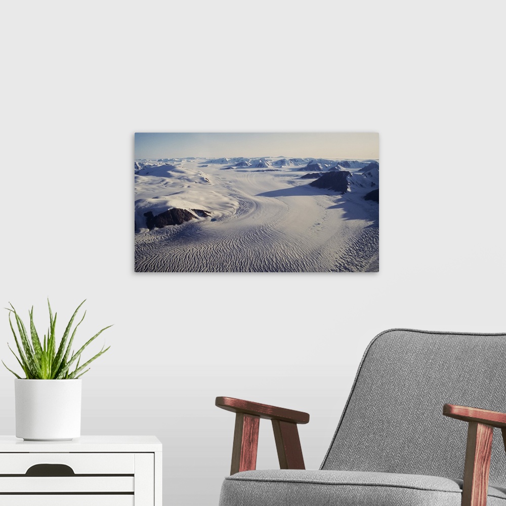 A modern room featuring High angle view of snowcapped mountains, Ellesmere Island, Canada