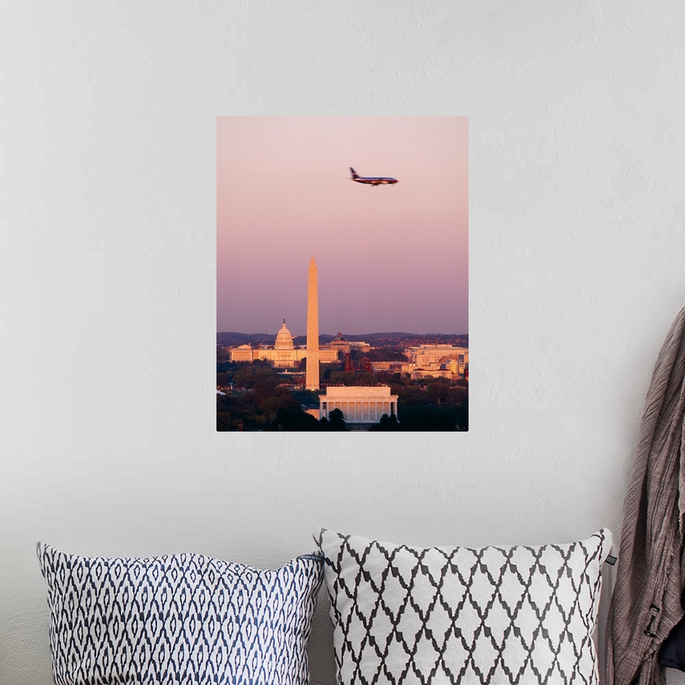 A bohemian room featuring High angle view of the Lincoln Memorial, Washington Monument, and US Capitol Building at sunset, ...