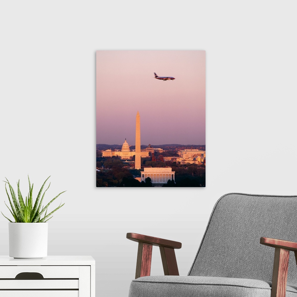 A modern room featuring High angle view of the Lincoln Memorial, Washington Monument, and US Capitol Building at sunset, ...