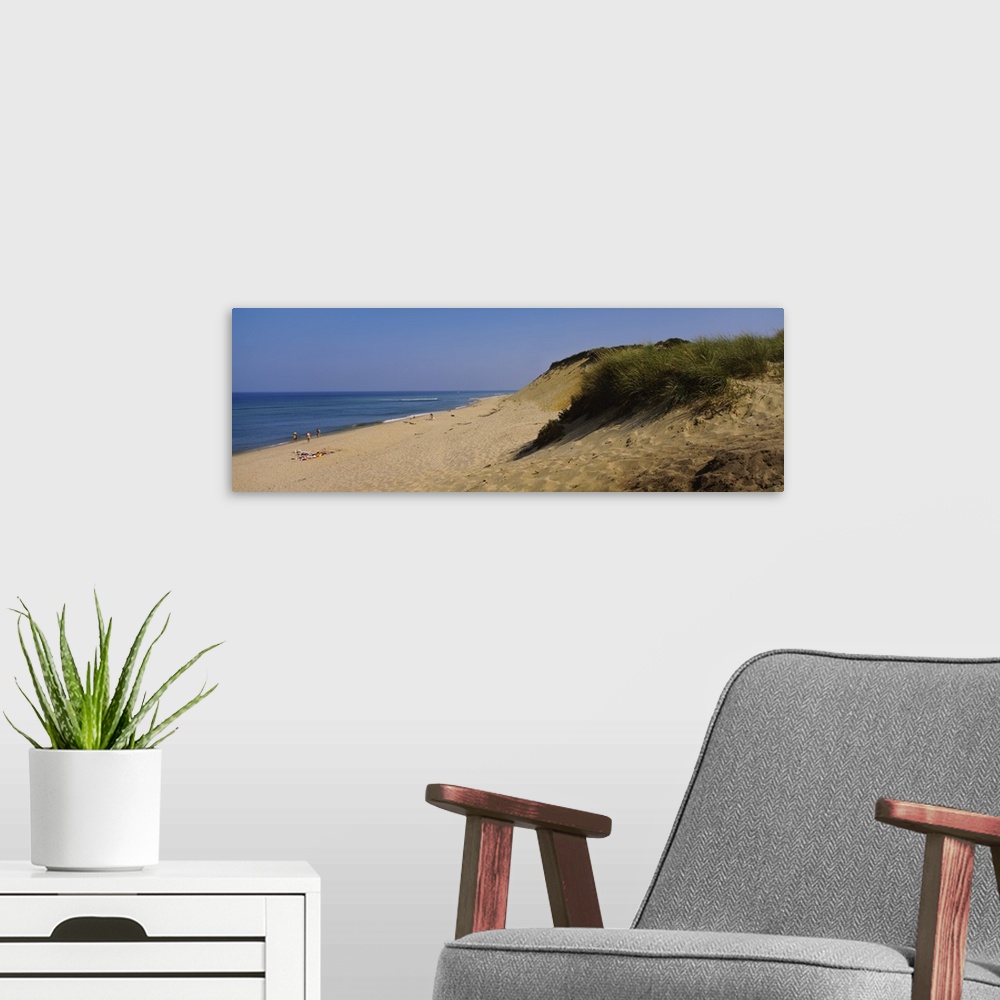A modern room featuring Big, panoramic photograph of a grassy hillside, leading down to the beach and the shoreline where...