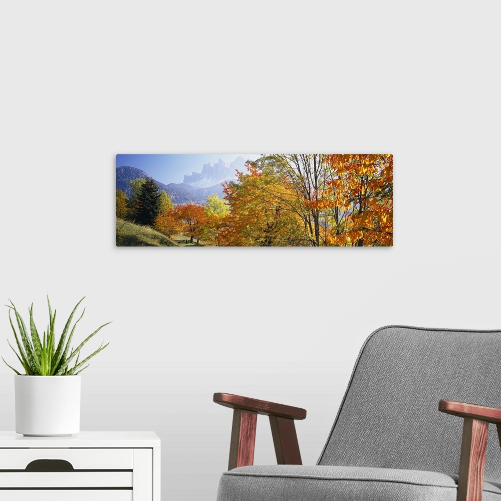 A modern room featuring Long photo on canvas of vivid fall foliage with a layer of rolling mountains then rugged mountain...