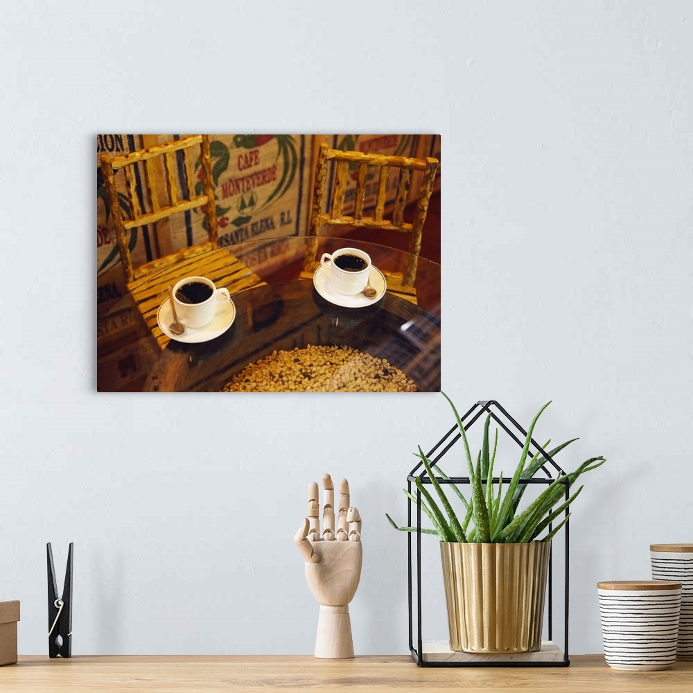 A bohemian room featuring High angle view of two cups of coffee on a table in a coffee shop, Monteverde, Puntarenas, Costa ...