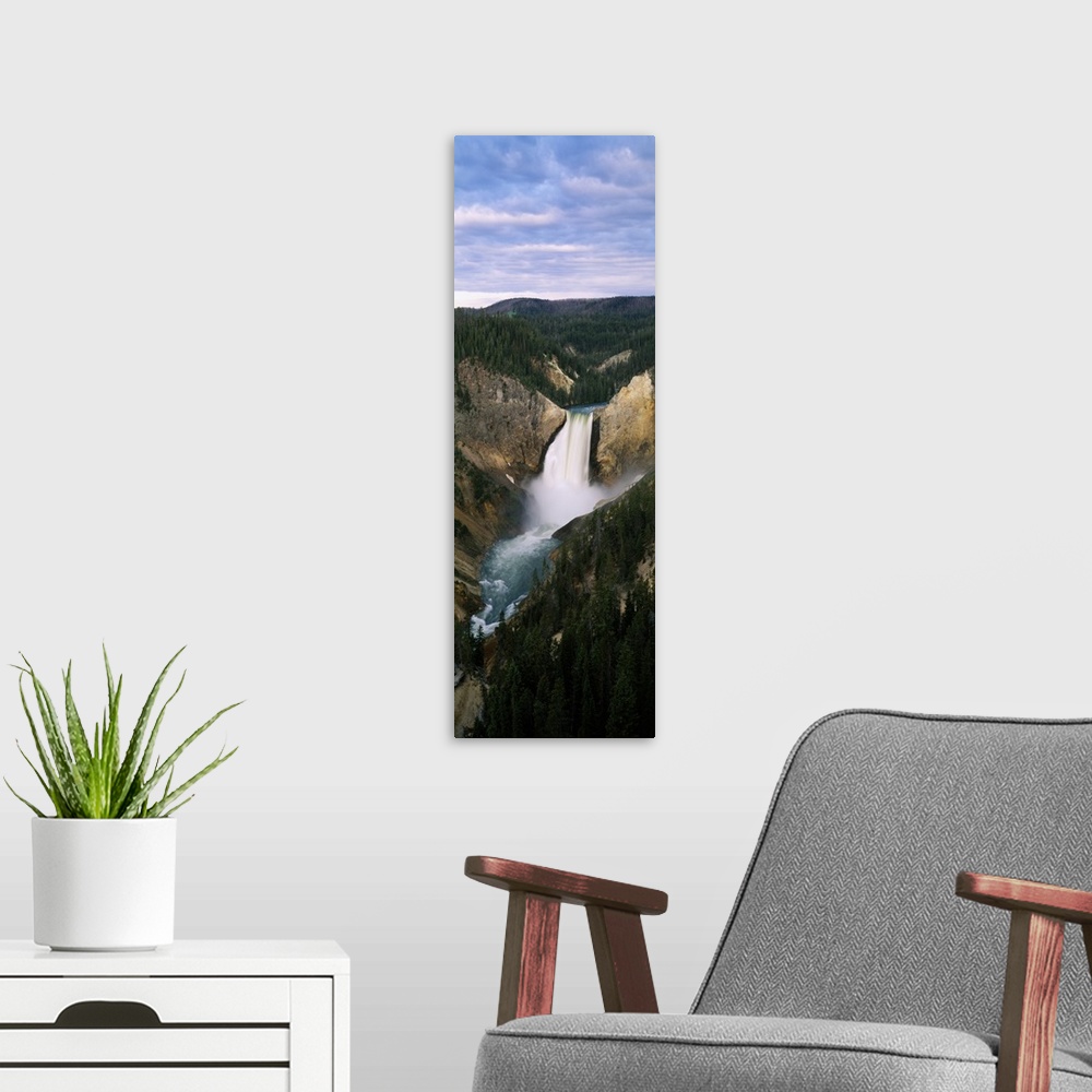 A modern room featuring High angle view of waterfall in a forest, Yellowstone Falls, Yellowstone River, Yellowstone Natio...