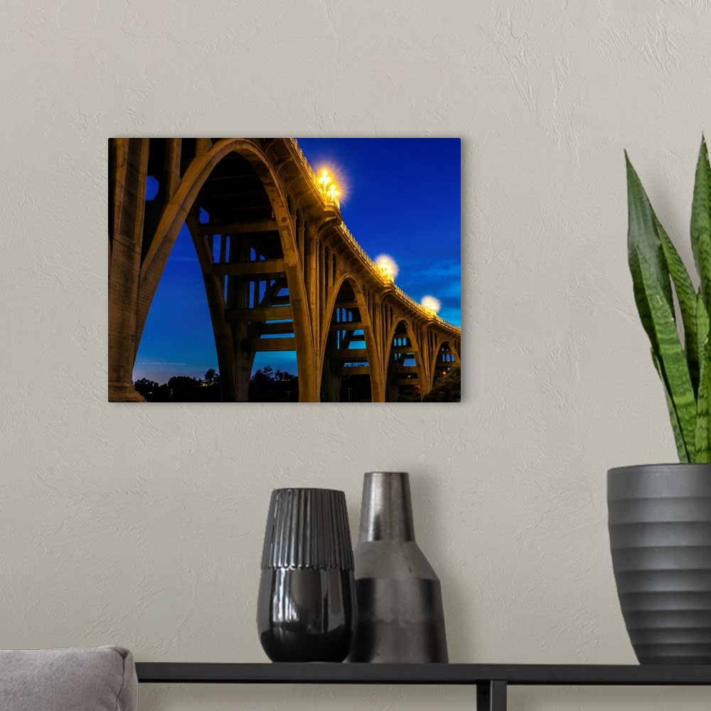 A modern room featuring Historic colorado bridge arches at dusk, pasadena, ca.