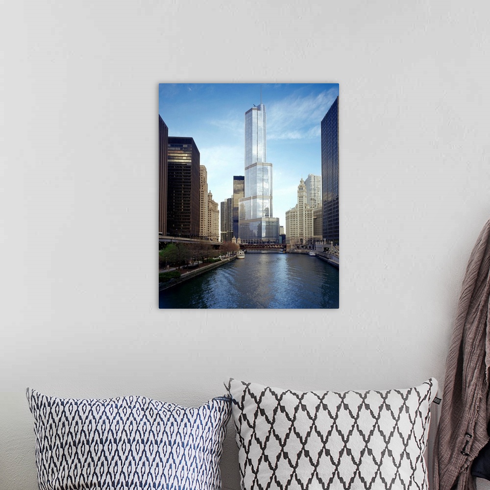 A bohemian room featuring View of a skyscraper, Trump Tower, Chicago, Cook County, Illinois, USA