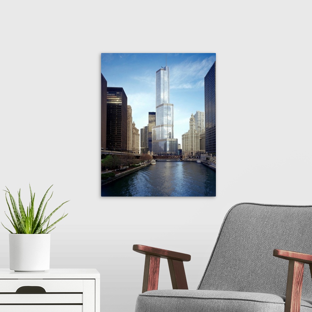 A modern room featuring View of a skyscraper, Trump Tower, Chicago, Cook County, Illinois, USA