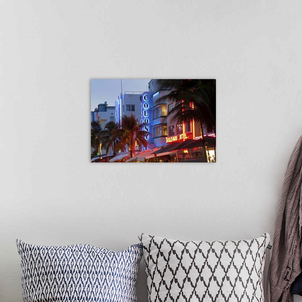 A bohemian room featuring Hotels lit up at dusk in a city, Miami, Miami-Dade County, Florida