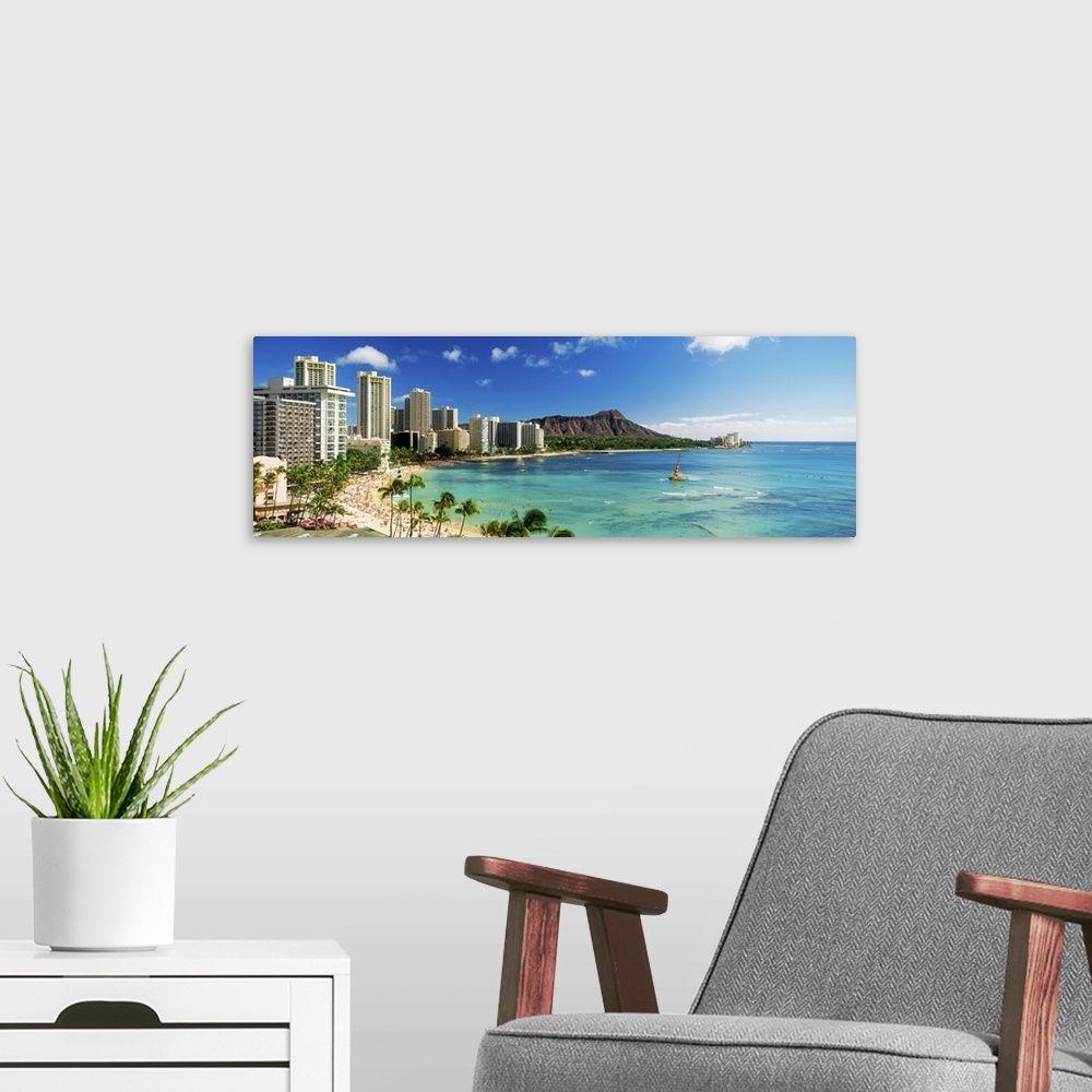 A modern room featuring Hotels on the beach, Waikiki Beach, Oahu, Honolulu, Hawaii, USA.