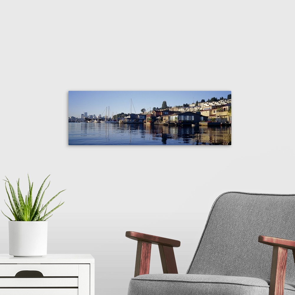 A modern room featuring Houseboats in a lake, Lake Union, Seattle, King County, Washington State