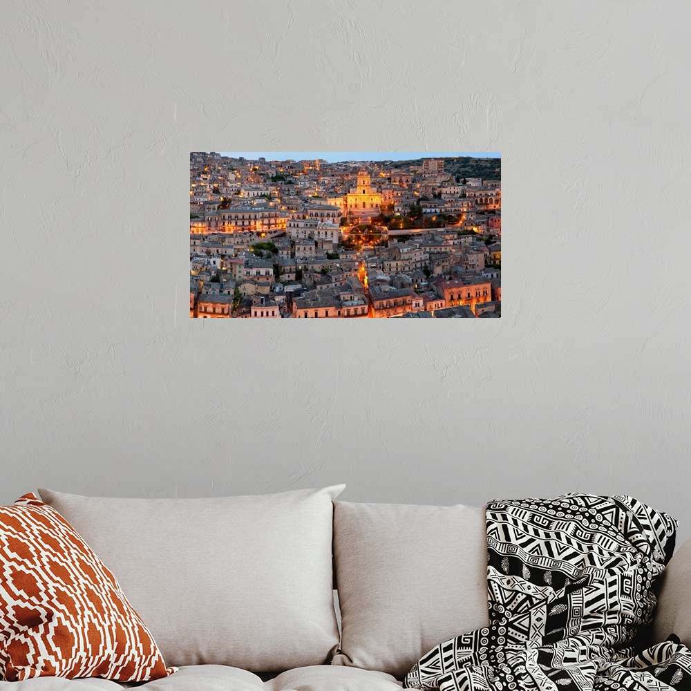 A bohemian room featuring Houses in a town on a hill, Cathedral Of San Giorgio, Modica, Sicily, Italy