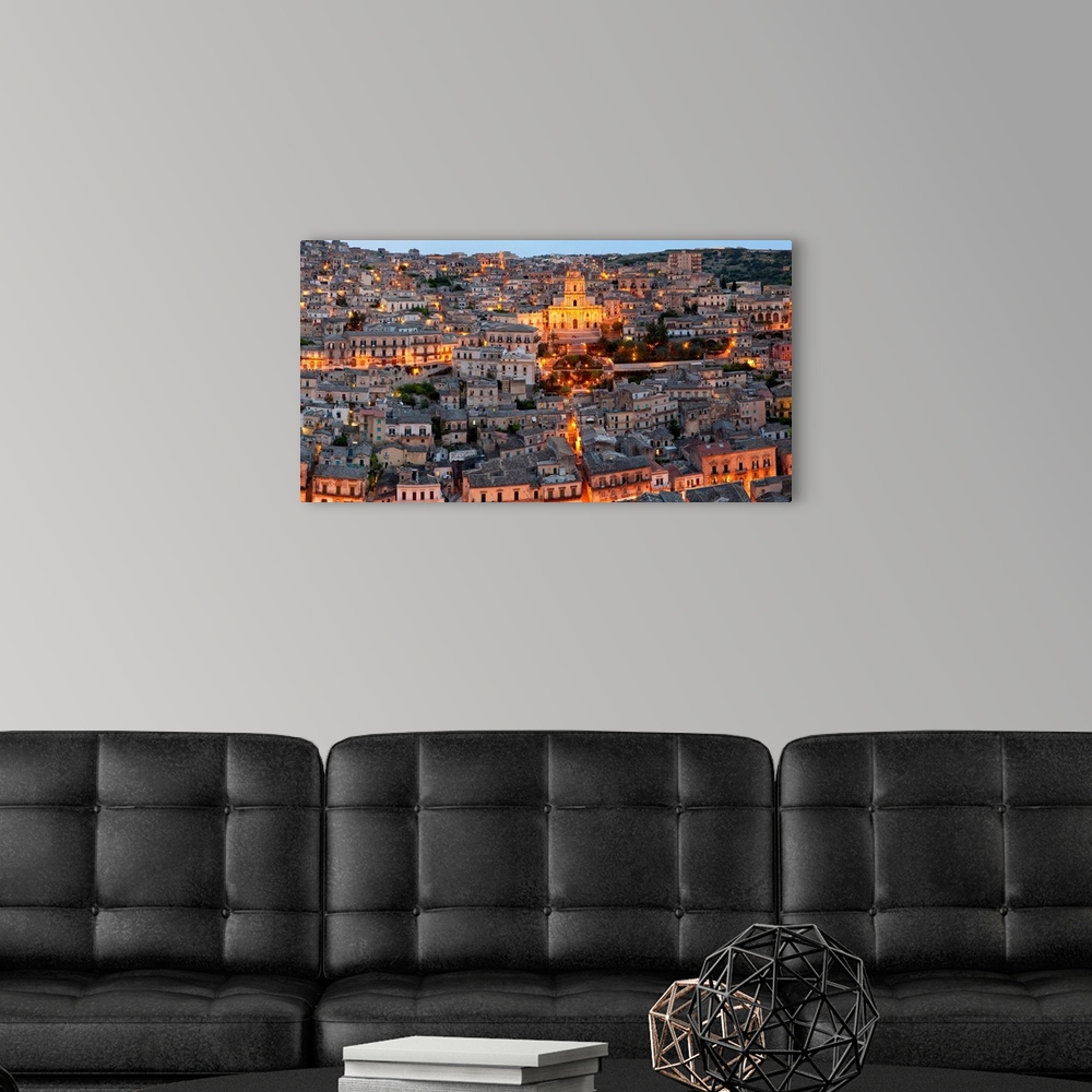 A modern room featuring Houses in a town on a hill, Cathedral Of San Giorgio, Modica, Sicily, Italy