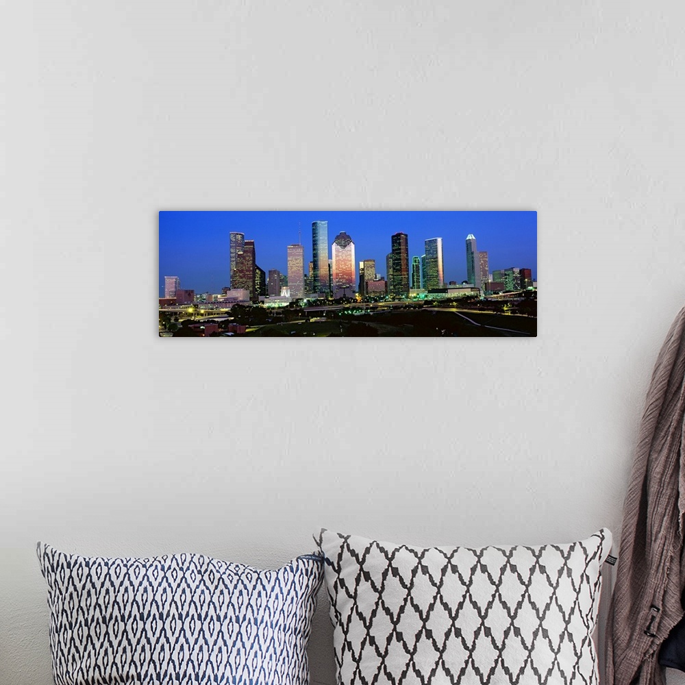 A bohemian room featuring Decorative artwork for the home or office this photograph captures the city skyline and surrounde...