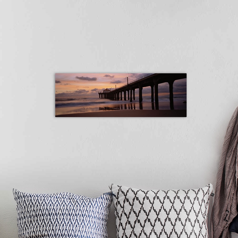 A bohemian room featuring Wide angle photograph of Manhattan Beach Pier extending into the water at sunset, in Los Angeles ...