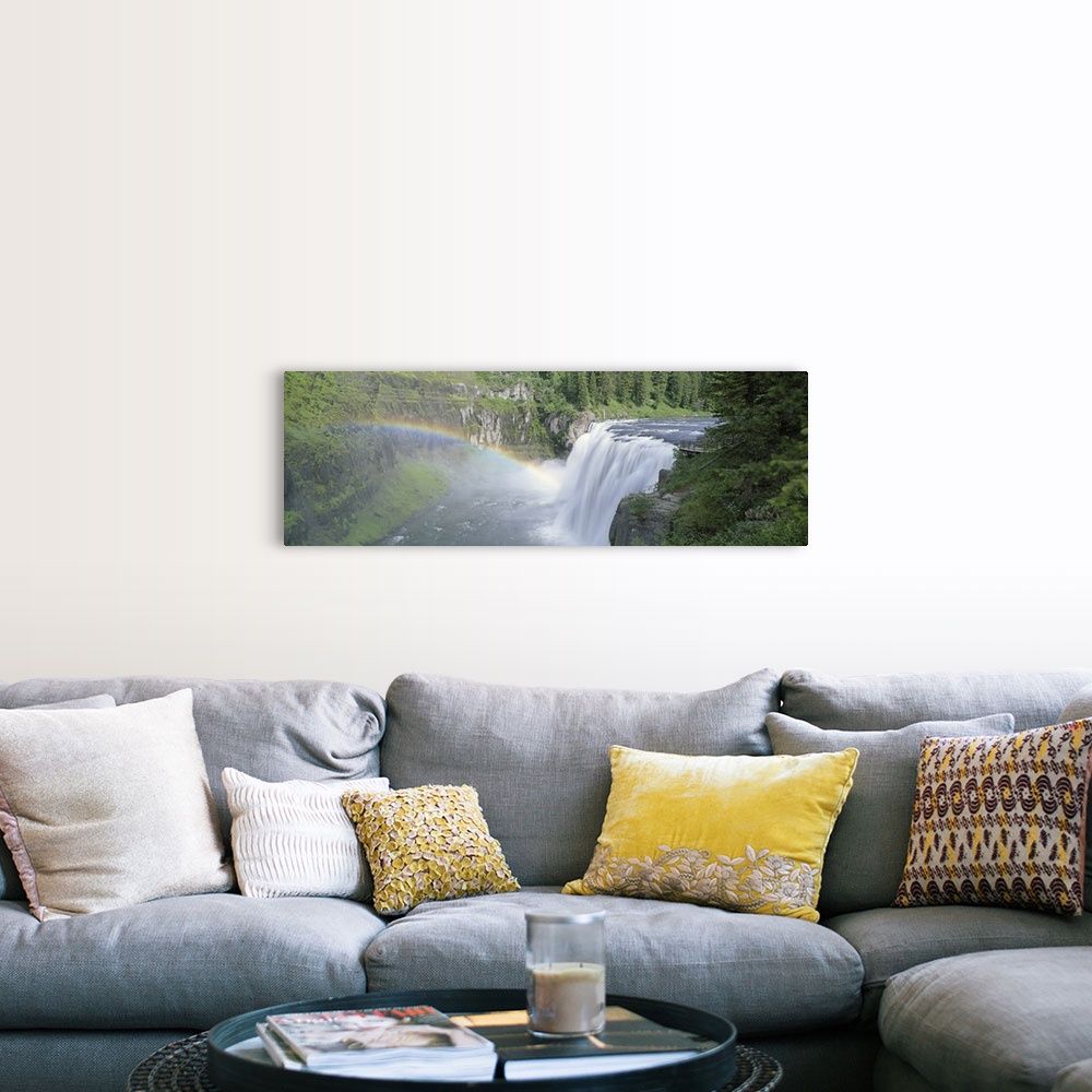 A farmhouse room featuring Idaho, Targhee National Forest, Upper Mesa Falls, Aerial view of a rainbow over a waterfall