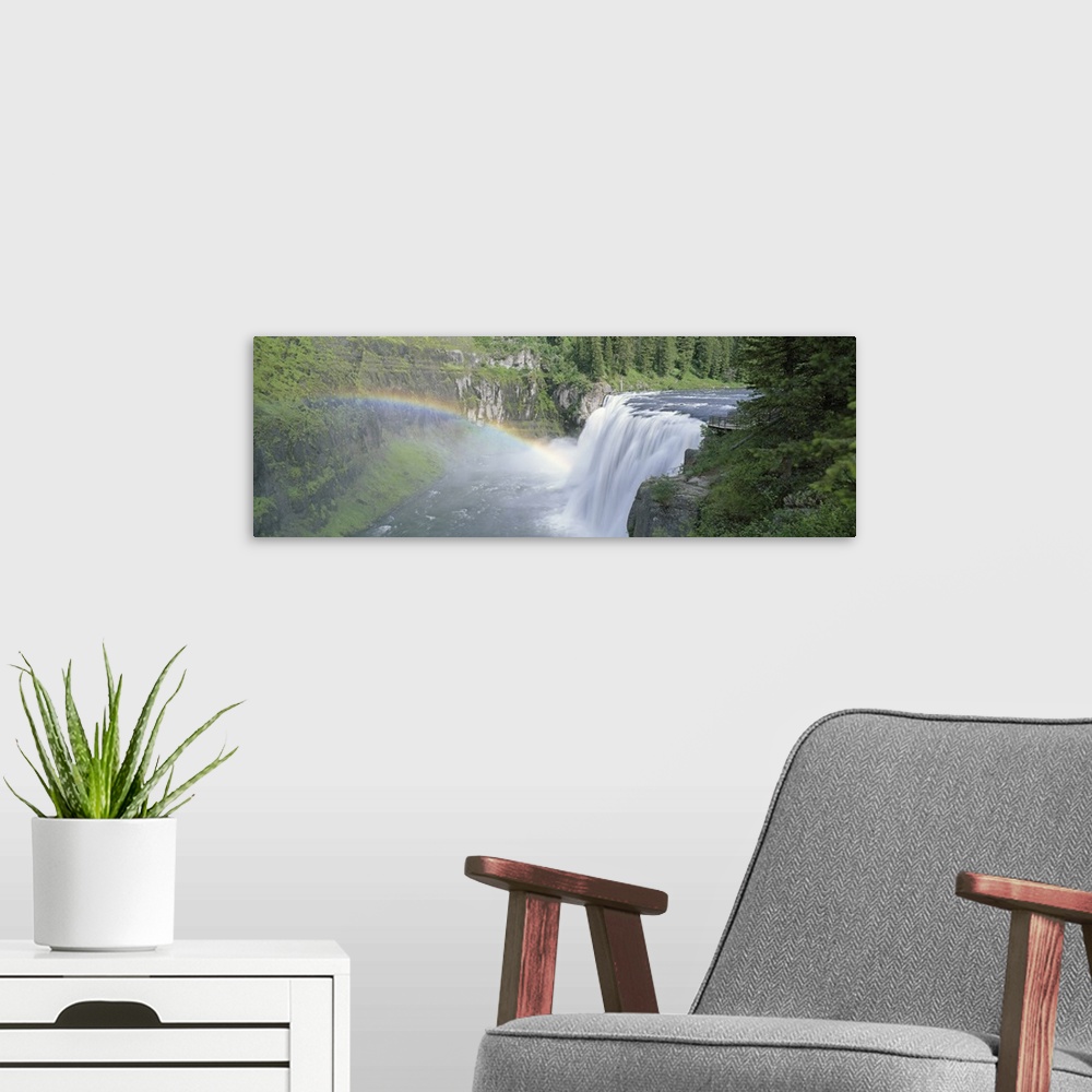 A modern room featuring Idaho, Targhee National Forest, Upper Mesa Falls, Aerial view of a rainbow over a waterfall