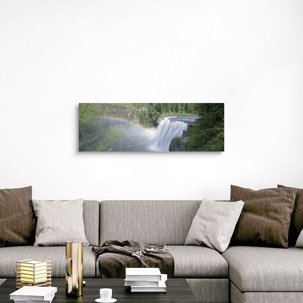 A traditional room featuring Idaho, Targhee National Forest, Upper Mesa Falls, Aerial view of a rainbow over a waterfall