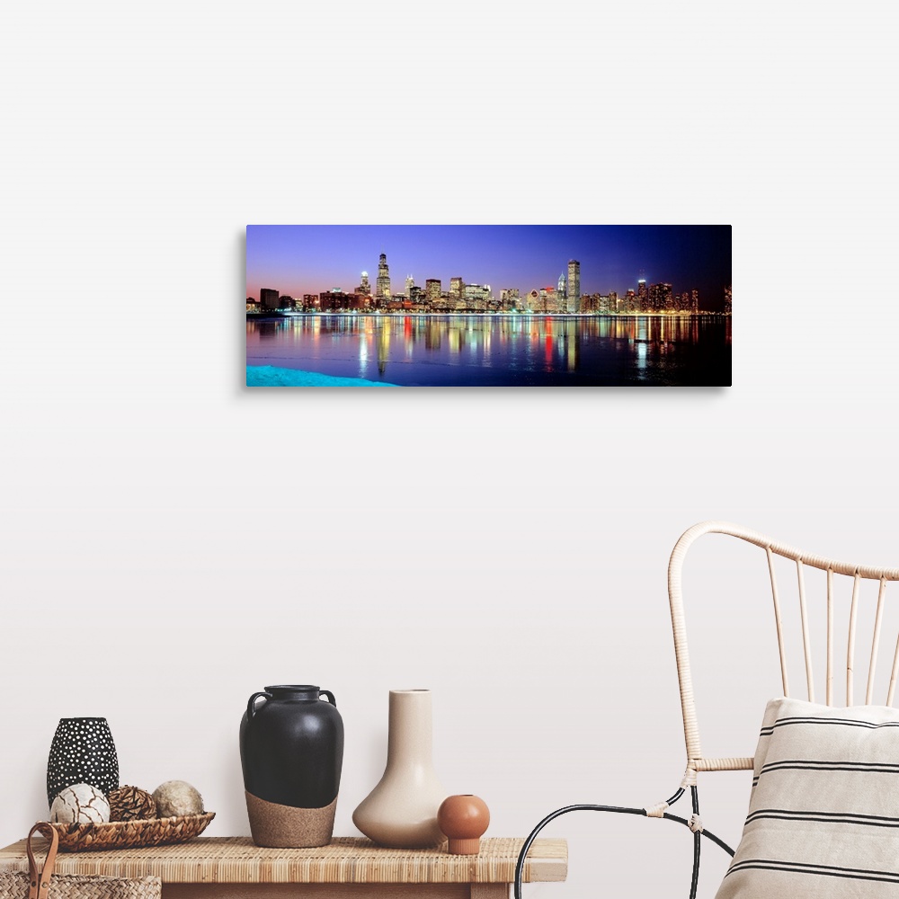 A farmhouse room featuring Panoramic photographic canvas of a cityscape illuminated with colored lights reflected perfectly ...