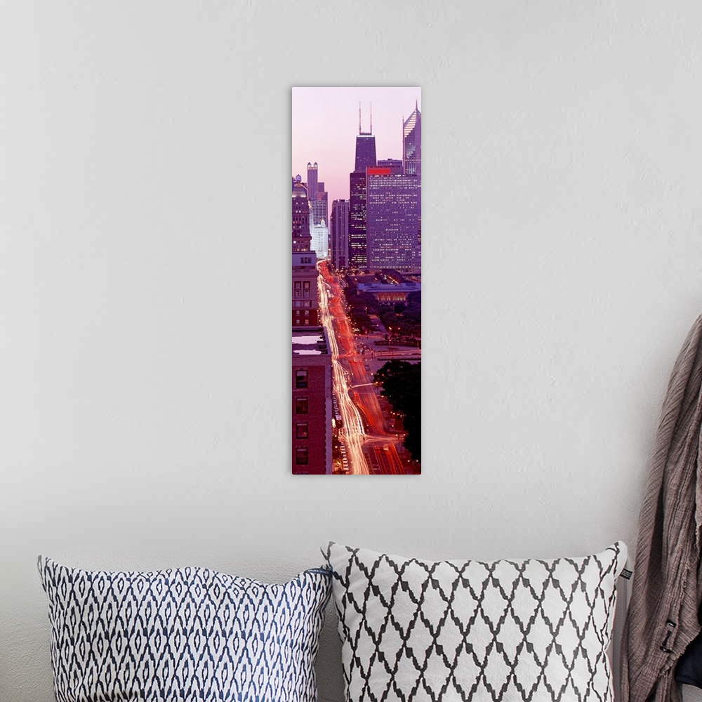 A bohemian room featuring Illinois, Chicago, One Magnificent Mile, High angle view of an urban road at dusk